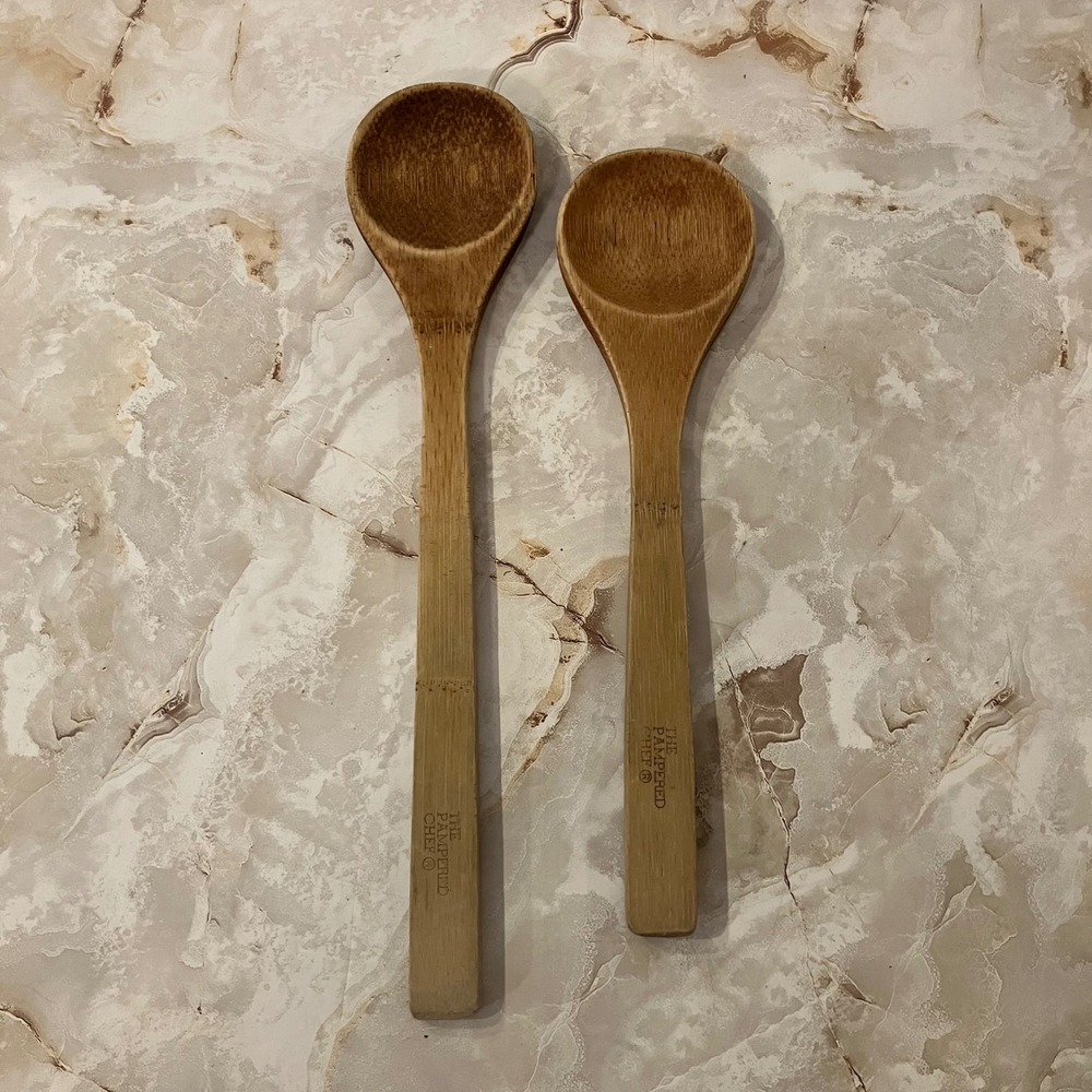 The Pampered Chef Bamboo Wood Spoon Set of 2 Kitchen Utensils Cooking Tools